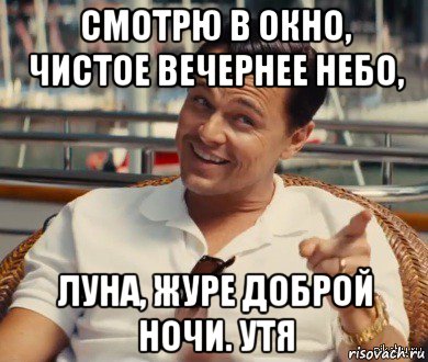 смотрю в окно, чистое вечернее небо, луна, журе доброй ночи. утя, Мем Хитрый Гэтсби