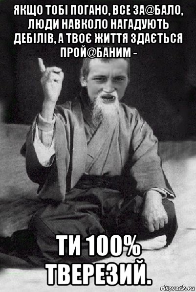 якщо тобі погано, все за@бало, люди навколо нагадують дебілів, а твоє життя здається прой@баним - ти 100% тверезий., Мем Мудрий паца