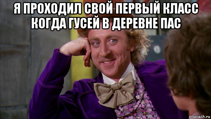 я проходил свой первый класс когда гусей в деревне пас , Мем Ну давай расскажи (Вилли Вонка)