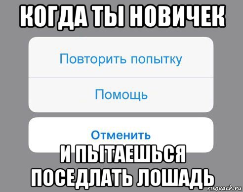 когда ты новичек и пытаешься поседлать лошадь, Мем Отменить Помощь Повторить попытку