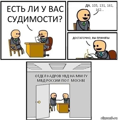 Есть ли у вас судимости? Да, 105, 131, 161, 162... Достаточно, вы приняты Отдел кадров УВД на ММ ГУ МВД России по г. Москве, Комикс  Приняты