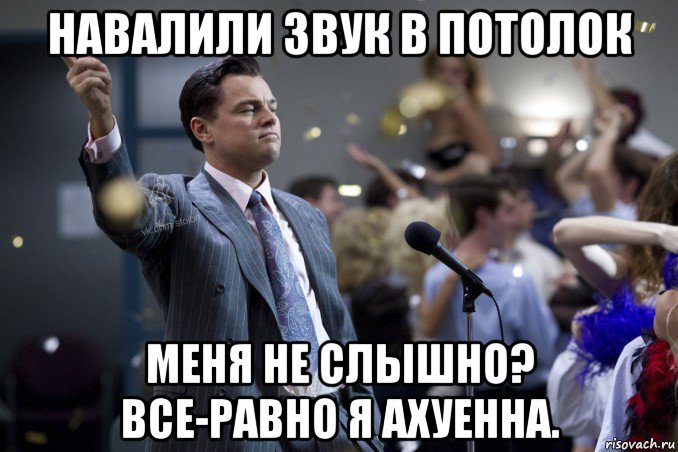 навалили звук в потолок меня не слышно? все-равно я ахуенна., Мем  Волк с Уолтстрит