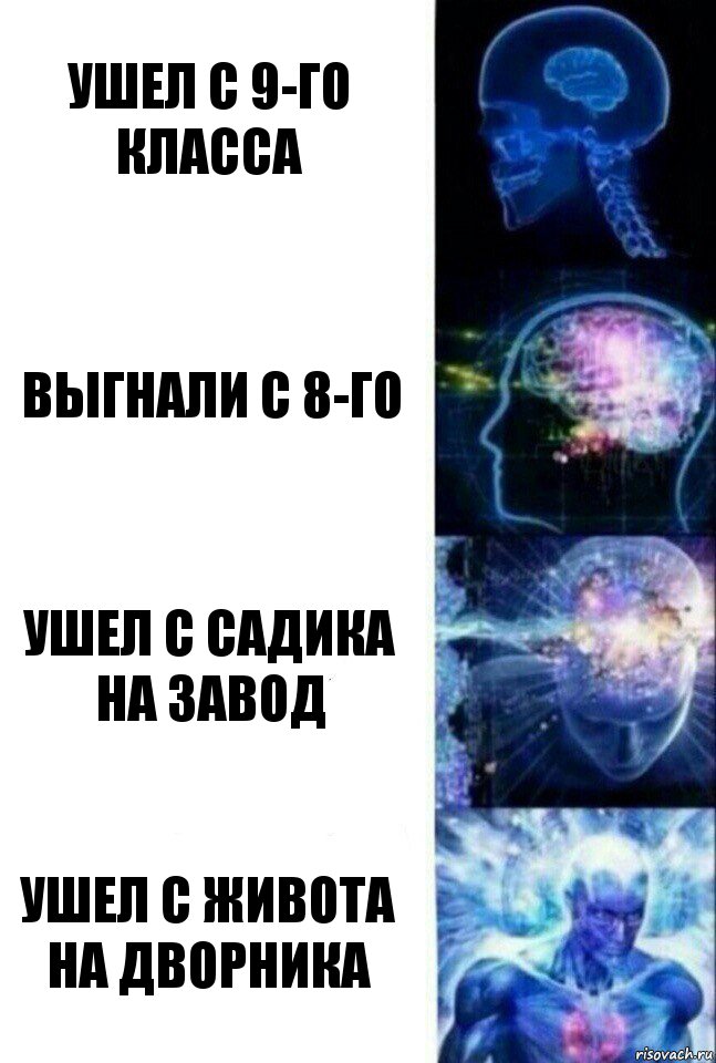 Ушел с 9-го класса Выгнали с 8-го Ушел с садика на завод Ушел с живота на дворника, Комикс  Сверхразум