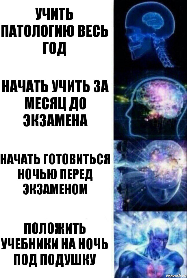 Учить патологию весь год Начать учить за месяц до экзамена начать готовиться ночью перед экзаменом Положить учебники на ночь под подушку, Комикс  Сверхразум