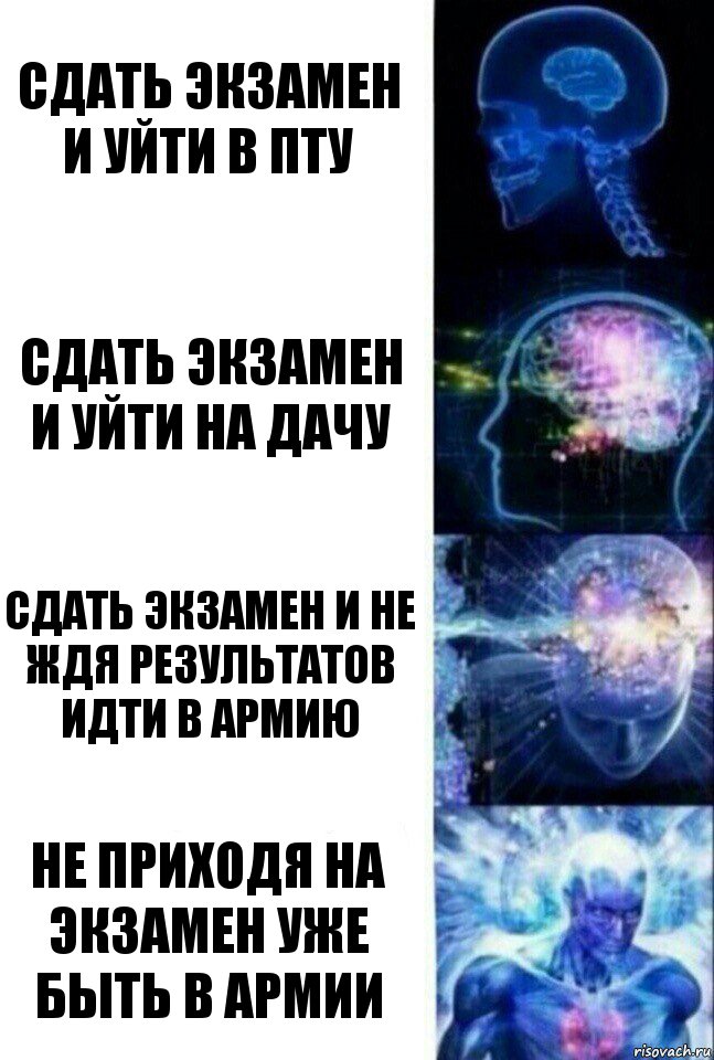 Сдать экзамен и уйти в ПТУ Сдать экзамен и уйти на дачу Сдать экзамен и не ждя результатов идти в армию Не приходя на экзамен уже быть в армии, Комикс  Сверхразум