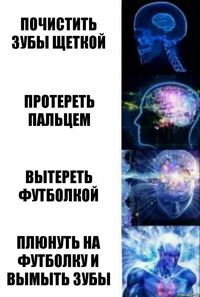 Почистить зубы щеткой Протереть пальцем Вытереть футболкой Плюнуть на футболку и вымыть зубы, Комикс  Сверхразум