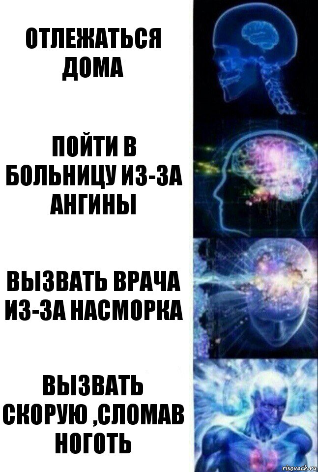 Отлежаться дома Пойти в больницу из-за ангины Вызвать врача из-за насморка Вызвать скорую ,сломав ноготь, Комикс  Сверхразум