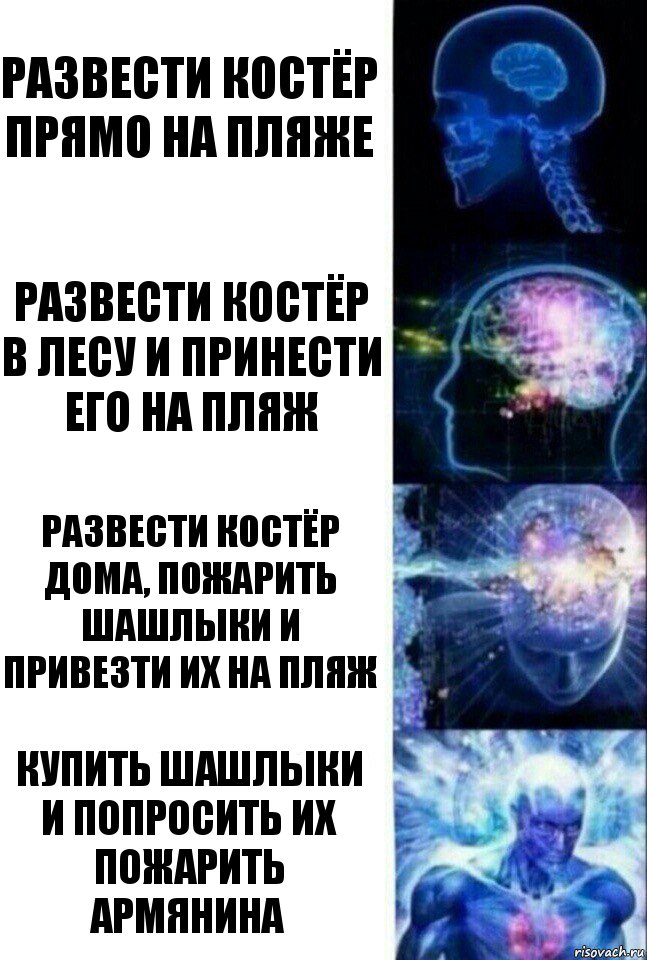 Развести костёр прямо на пляже Развести костёр в лесу и принести его на пляж Развести костёр дома, пожарить шашлыки и привезти их на пляж Купить шашлыки и попросить их пожарить армянина, Комикс  Сверхразум