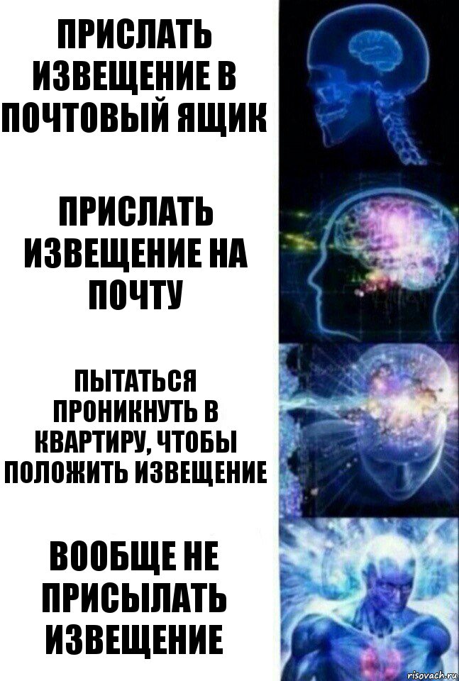 Прислать извещение в почтовый ящик прислать извещение на почту пытаться проникнуть в квартиру, чтобы положить извещение вообще не присылать извещение, Комикс  Сверхразум