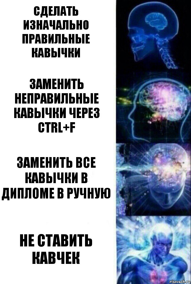 Сделать изначально правильные кавычки Заменить неправильные кавычки через ctrl+f Заменить все кавычки в дипломе в ручную Не ставить кавчек, Комикс  Сверхразум