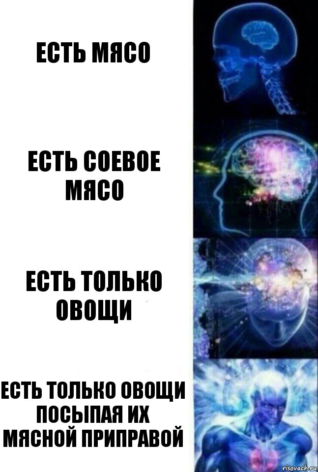 Есть мясо Есть соевое мясо Есть только овощи Есть только овощи посыпая их мясной приправой, Комикс  Сверхразум