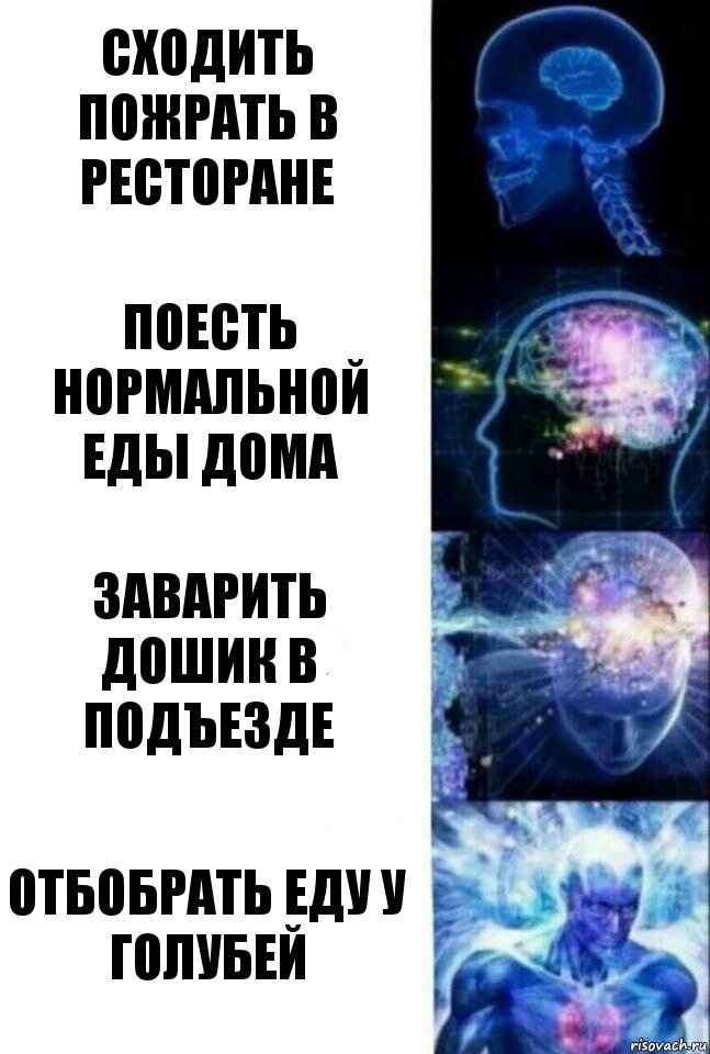 Сходить пожрать в ресторане Поесть нормальной еды дома Заварить Дошик в подъезде Отбобрать еду у голубей, Комикс  Сверхразум