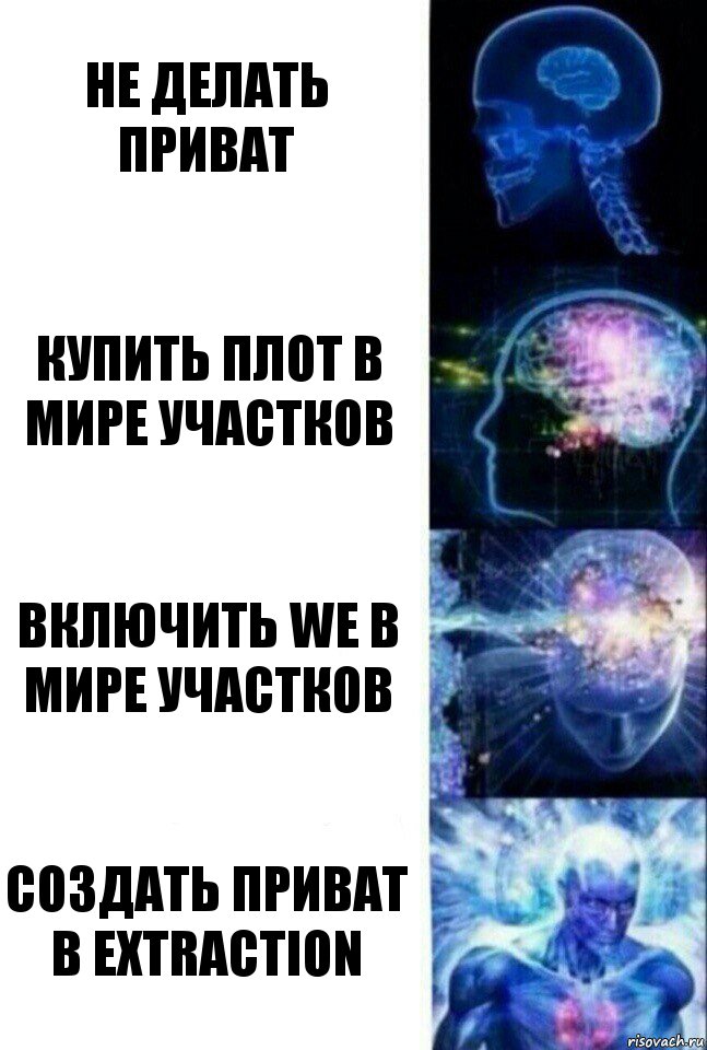 Не делать приват Купить плот в мире участков включить WE в мире участков создать приват в Extraction, Комикс  Сверхразум