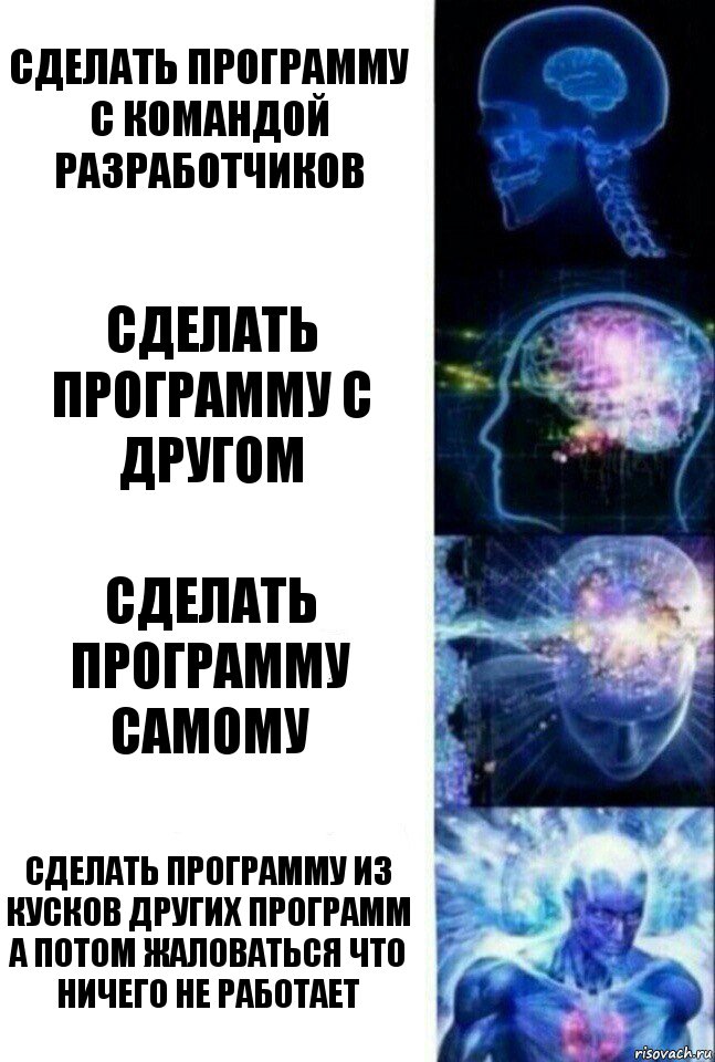 сделать программу с командой разработчиков сделать программу с другом сделать программу самому сделать программу из кусков других программ а потом жаловаться что ничего не работает, Комикс  Сверхразум