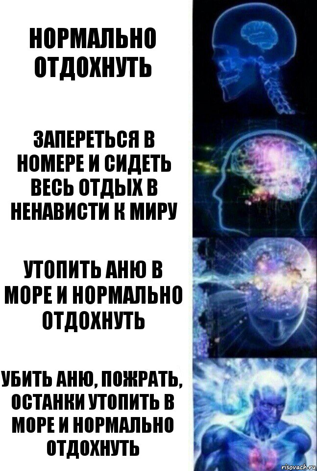 нормально отдохнуть запереться в номере и сидеть весь отдых в ненависти к миру утопить Аню в море и нормально отдохнуть убить аню, пожрать, останки утопить в море и нормально отдохнуть, Комикс  Сверхразум