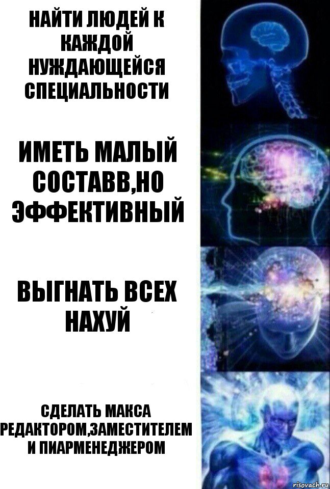 найти людей к каждой нуждающейся специальности иметь малый составв,но эффективный выгнать всех нахуй сделать макса редактором,заместителем и пиарменеджером, Комикс  Сверхразум