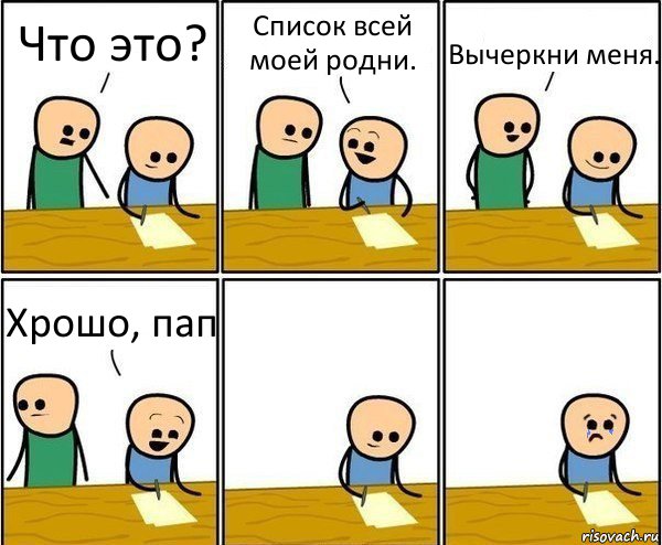 Что это? Список всей моей родни. Вычеркни меня. Хрошо, пап