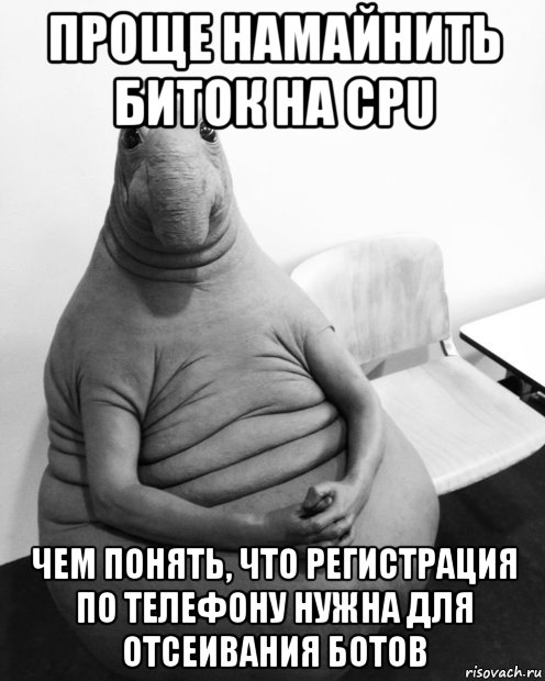 проще намайнить биток на cpu чем понять, что регистрация по телефону нужна для отсеивания ботов, Мем  Ждун