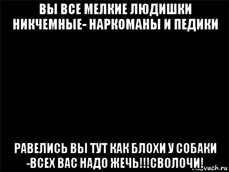 вы все мелкие людишки никчемные- наркоманы и педики равелись вы тут как блохи у собаки -всех вас надо жечь!!!сволочи!, Мем Черный фон