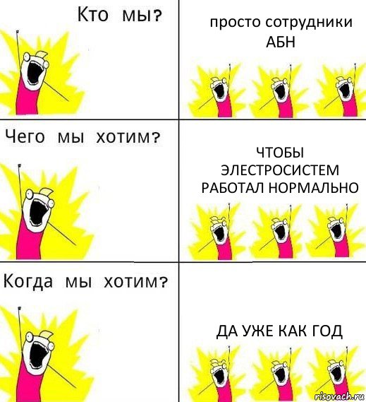 просто сотрудники АБН чтобы ЭЛЕСТРОСИСТЕМ работал НОРМАЛЬНО ДА УЖЕ КАК ГОД, Комикс Что мы хотим