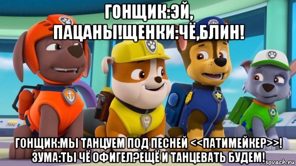 гонщик:эй, пацаны!щенки:чё,блин! гонщик:мы танцуем под песней <<патимейкер>>! зума:ты чё офигел?ещё и танцевать будем!