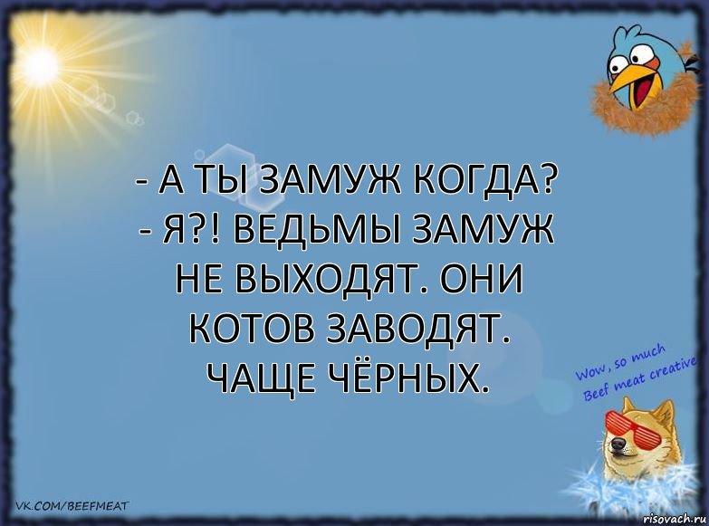 - А ты замуж когда?
- Я?! Ведьмы замуж не выходят. Они котов заводят. Чаще чёрных.