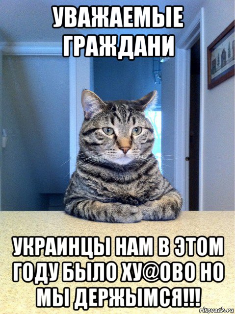 уважаемые граждани украинцы нам в этом году было ху@ово но мы держымся!!!, Мем кот