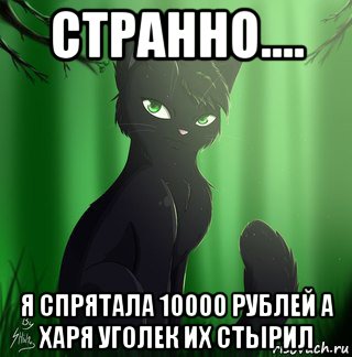 странно.... я спрятала 10000 рублей а харя уголек их стырил