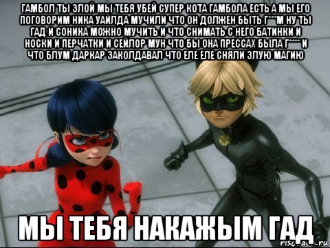 гамбол ты злой мы тебя убей супер кота гамбола есть а мы его поговорим ника уайлда мучили что он должен быть г***м ну ты гад и соника можно мучить и что снимать с него батинки и носки и перчатки и сейлор мун что бы она прессах была г**** и что блум даркар заколдавал что еле еле сняли злую магию мы тебя накажым гад, Мем Леди баг