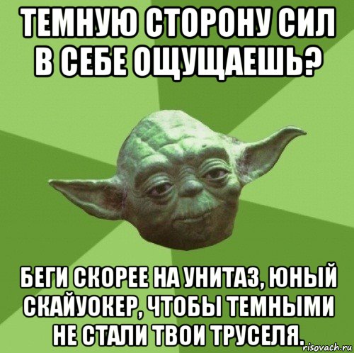 темную сторону сил в себе ощущаешь? беги скорее на унитаз, юный скайуокер, чтобы темными не стали твои труселя., Мем Мастер Йода