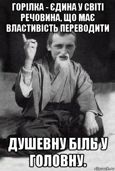 горілка - єдина у світі речовина, що має властивість переводити душевну біль у головну., Мем Мудрий паца