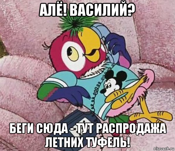 алё! василий? беги сюда - тут распродажа летних туфель!, Мем Попугай кеша алё