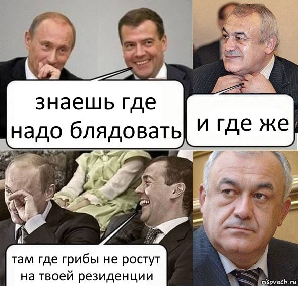 знаешь где надо блядовать и где же там где грибы не ростут на твоей резиденции, Комикс Путин Медведев и Мамсуров
