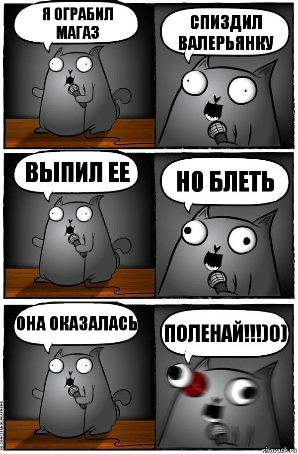 Я ОГРАБИЛ МАГАЗ СПИЗДИЛ ВАЛЕРЬЯНКУ ВЫПИЛ ЕЕ НО БЛЕТЬ ОНА ОКАЗАЛАСЬ ПОЛЕНАЙ!!!)0), Комикс  Стендап-кот