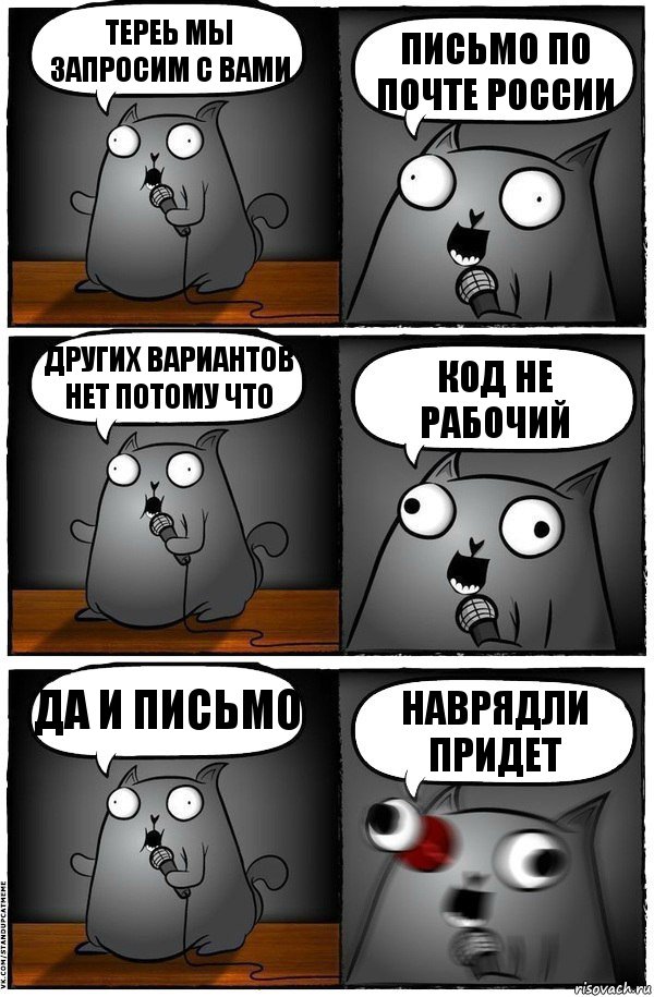 Тереь мы запросим с Вами Письмо по почте россии Других вариантов нет потому что КОД НЕ РАБОЧИЙ да и письмо наврядли придет, Комикс  Стендап-кот