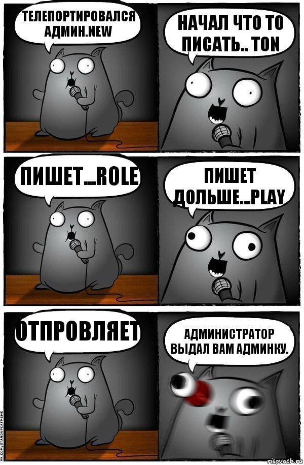 Телепортировался админ.New Начал что то писать.. Ton Пишет...Role Пишет дольше...Play Отпровляет Администратор Выдал вам Админку.