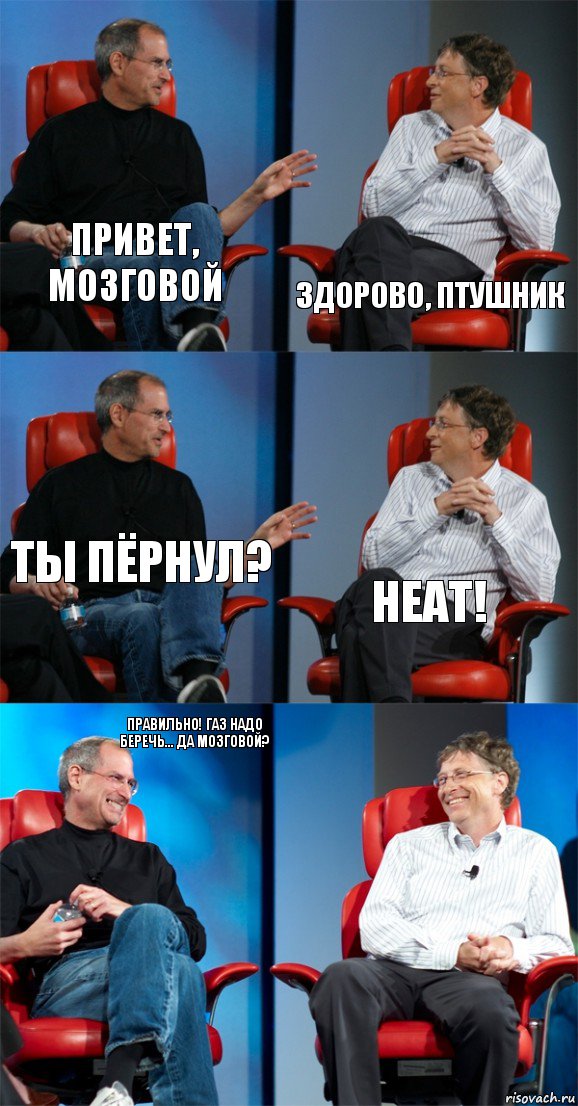 Привет, Мозговой Здорово, ПТУшник Ты пёрнул? неат! Правильно! Газ надо беречь... Да Мозговой? , Комикс Стив Джобс и Билл Гейтс (6 зон)