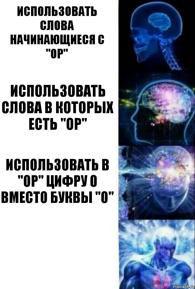 использовать слова начинающиеся с "ор" использовать слова в которых есть "ор" использовать в "ор" цифру 0 вместо буквы "о" , Комикс  Сверхразум