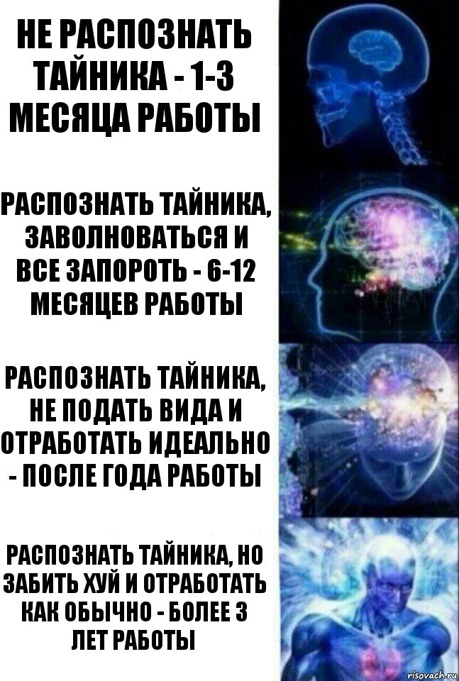 Не распознать тайника - 1-3 месяца работы распознать тайника, заволноваться и все запороть - 6-12 месяцев работы распознать тайника, не подать вида и отработать идеально - после года работы распознать тайника, но забить хуй и отработать как обычно - более 3 лет работы, Комикс  Сверхразум