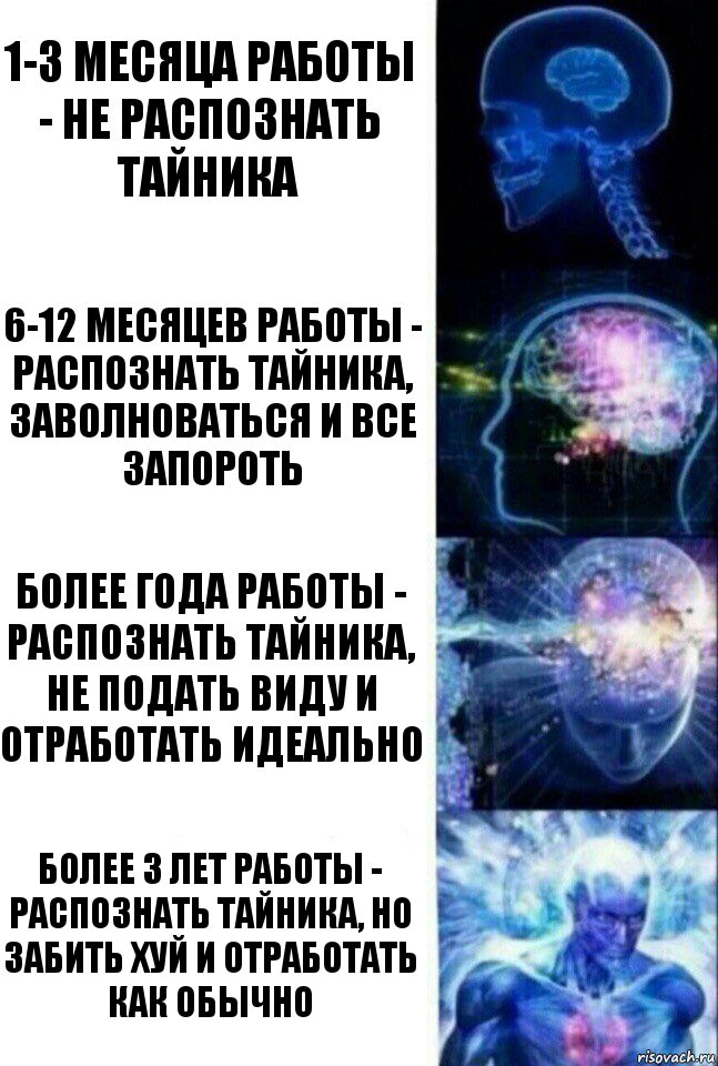 1-3 месяца работы - Не распознать тайника 6-12 месяцев работы - распознать тайника, заволноваться и все запороть более года работы - распознать тайника, не подать виду и отработать идеально более 3 лет работы - распознать тайника, но забить хуй и отработать как обычно, Комикс  Сверхразум