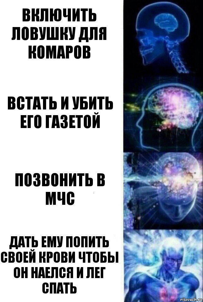 включить ловушку для комаров встать и убить его газетой позвонить в мчс дать ему попить своей крови чтобы он наелся и лег спать, Комикс  Сверхразум