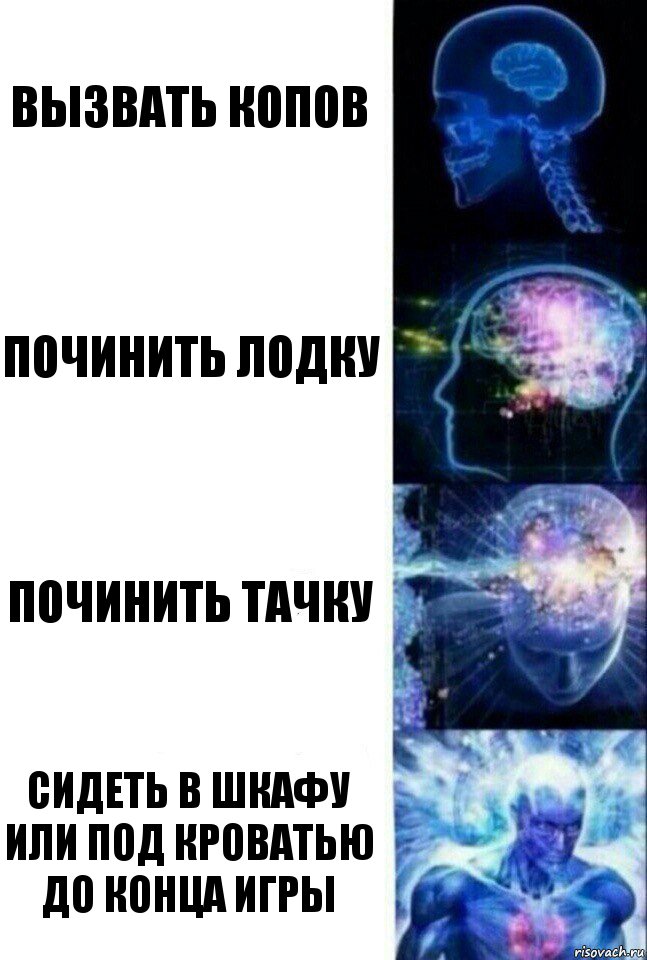 Вызвать копов Починить лодку Починить тачку Сидеть в шкафу или под кроватью до конца игры, Комикс  Сверхразум