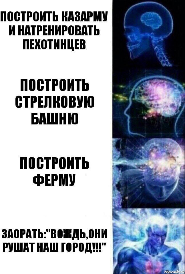 Построить казарму и натренировать пехотинцев Построить стрелковую башню Построить ферму Заорать:"Вождь,они рушат наш город!!!", Комикс  Сверхразум