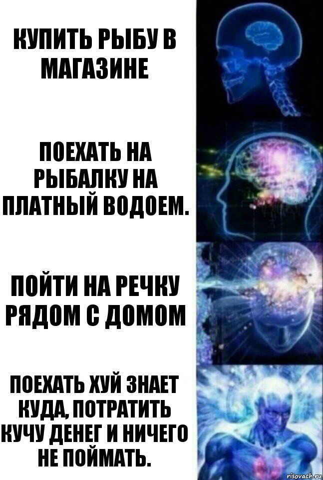 Купить рыбу в магазине Поехать на рыбалку на платный водоем. Пойти на речку рядом с домом Поехать хуй знает куда, потратить кучу денег и ничего не поймать., Комикс  Сверхразум