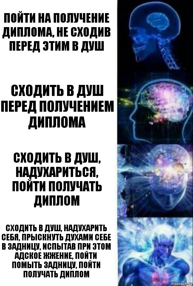 Пойти на получение диплома, не сходив перед этим в душ Сходить в душ перед получением диплома Сходить в душ, надухариться, пойти получать диплом Сходить в душ, надухарить себя, прыскнуть духами себе в задницу, испытав при этом адское жжение, пойти помыть задницу, пойти получать диплом, Комикс  Сверхразум