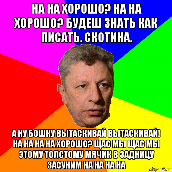 на на хорошо? на на хорошо? будеш знать как писать. скотина. а ну бошку вытаскивай вытаскивай! на на на на хорошо? щас мы щас мы этому толстому мячик в задницу засуним на на на на, Мем Типичный оппозиционер