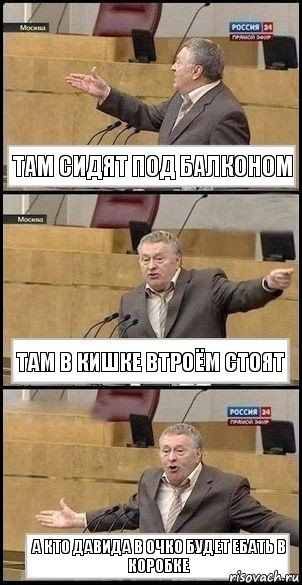 Там сидят под балконом Там в кишке втроём стоят А кто Давида в очко будет ебать в коробке, Комикс Жириновский разводит руками 3