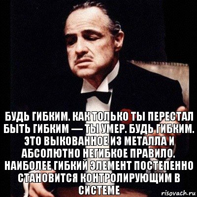 Будь гибким. Как только ты перестал быть гибким — ты умер. Будь гибким. Это выкованное из металла и абсолютно негибкое правило. Наиболее гибкий элемент постепенно становится контролирующим в системе, Комикс Дон Вито Корлеоне 1