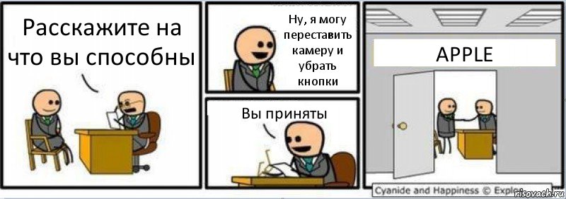 Расскажите на что вы способны Ну, я могу переставить камеру и убрать кнопки Вы приняты APPLE, Комикс Собеседование на работу