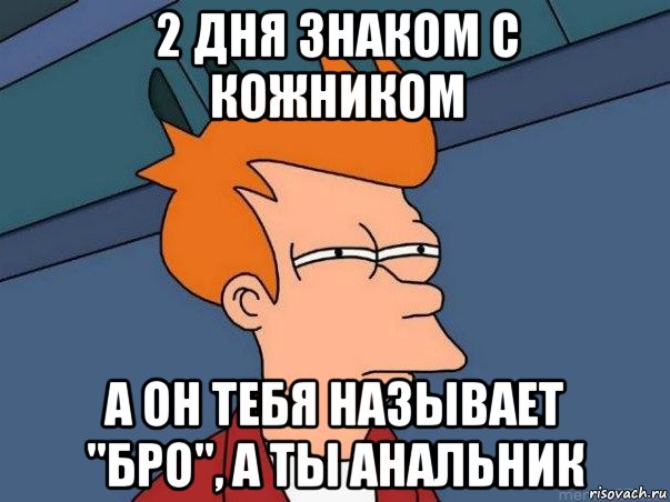 2 дня знаком с кожником а он тебя называет "бро", а ты анальник, Мем  Фрай (мне кажется или)